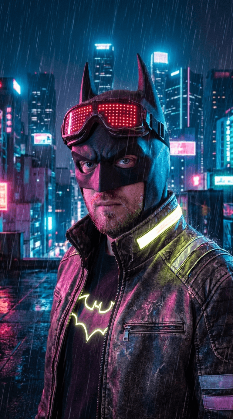 make me look like retro cyberpunk batman